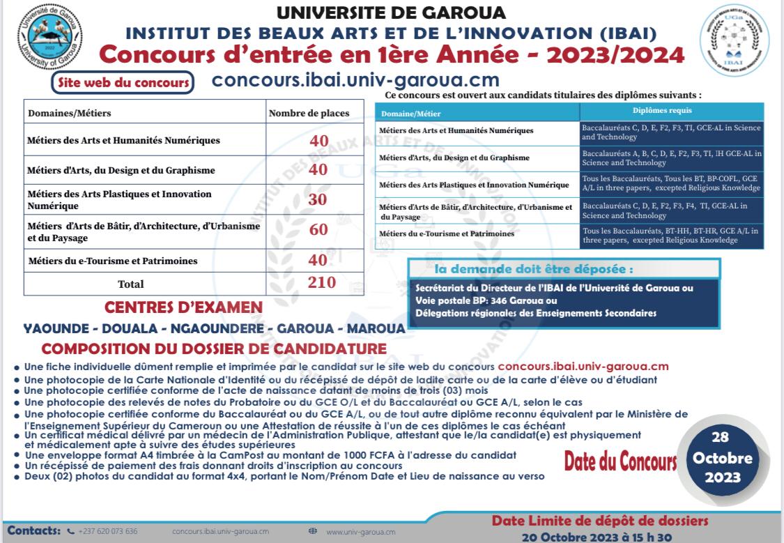 Annonce Concours d'entrée à l'Institut des Beaux Arts et de l'Innovation de l'Université de Garoua