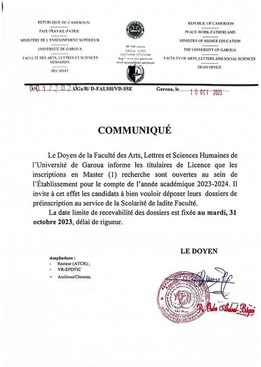 Communiqués inscriptions en Master 1 à la FALSH et la FS