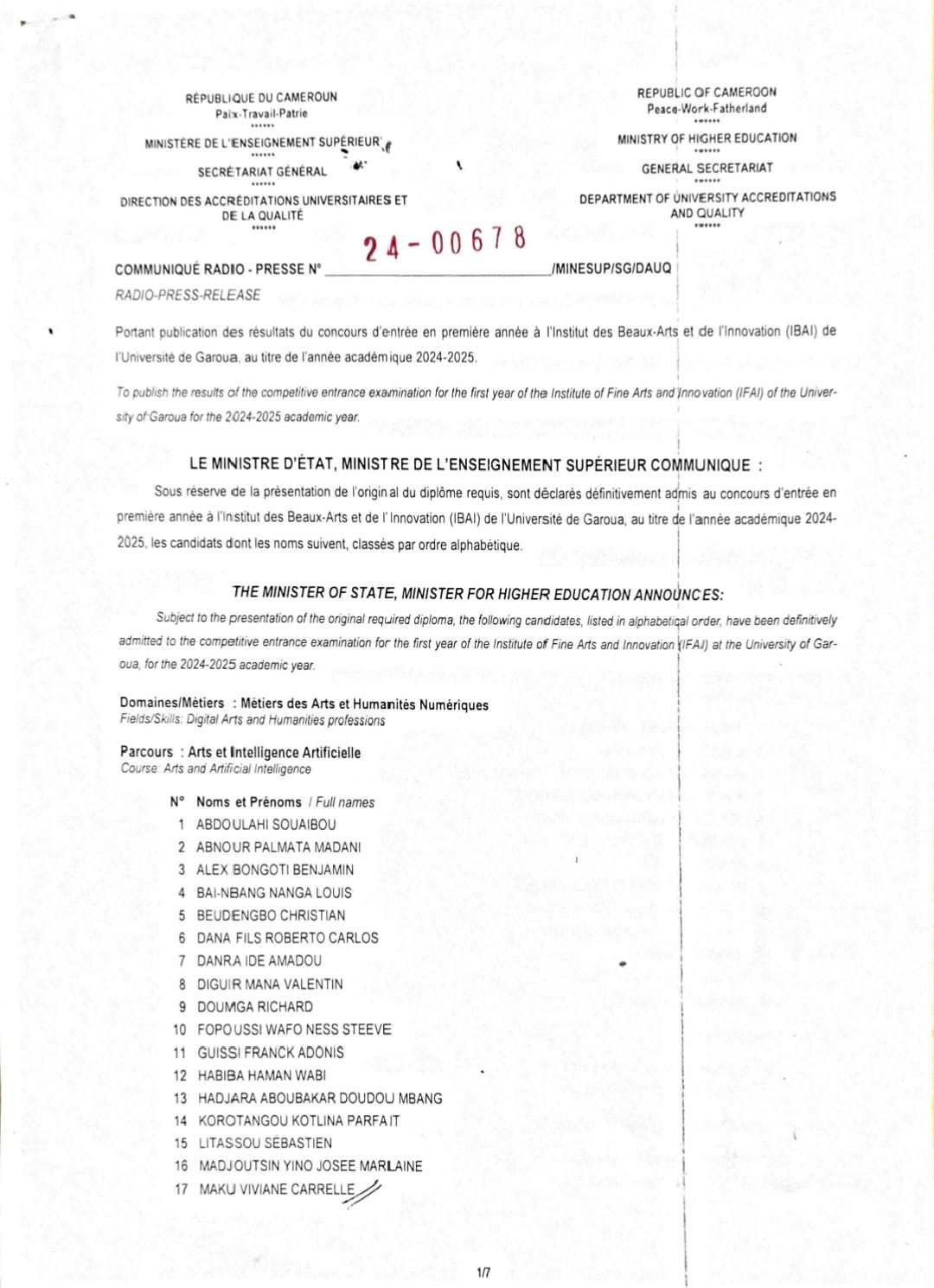 Résultats du concours d'entrée à l'ibai 2024/2024