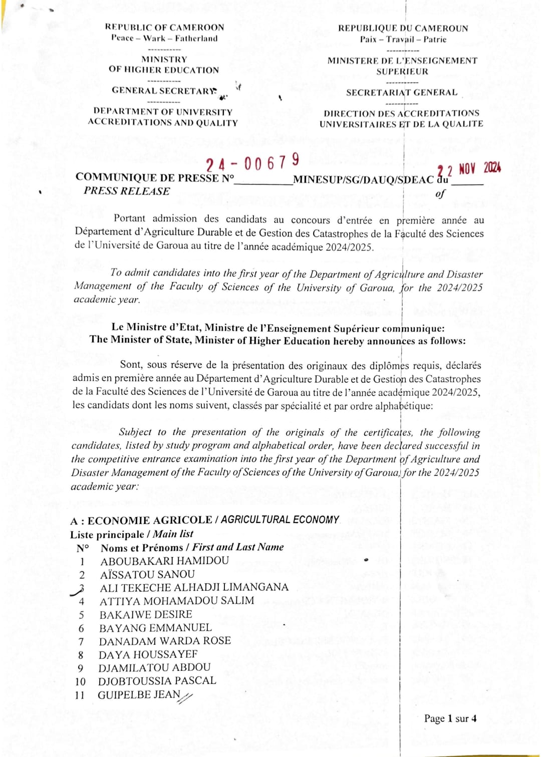 Résultats du concours d'entrée au département d'Agriculture de la Faculté des Sciences de l'UGa