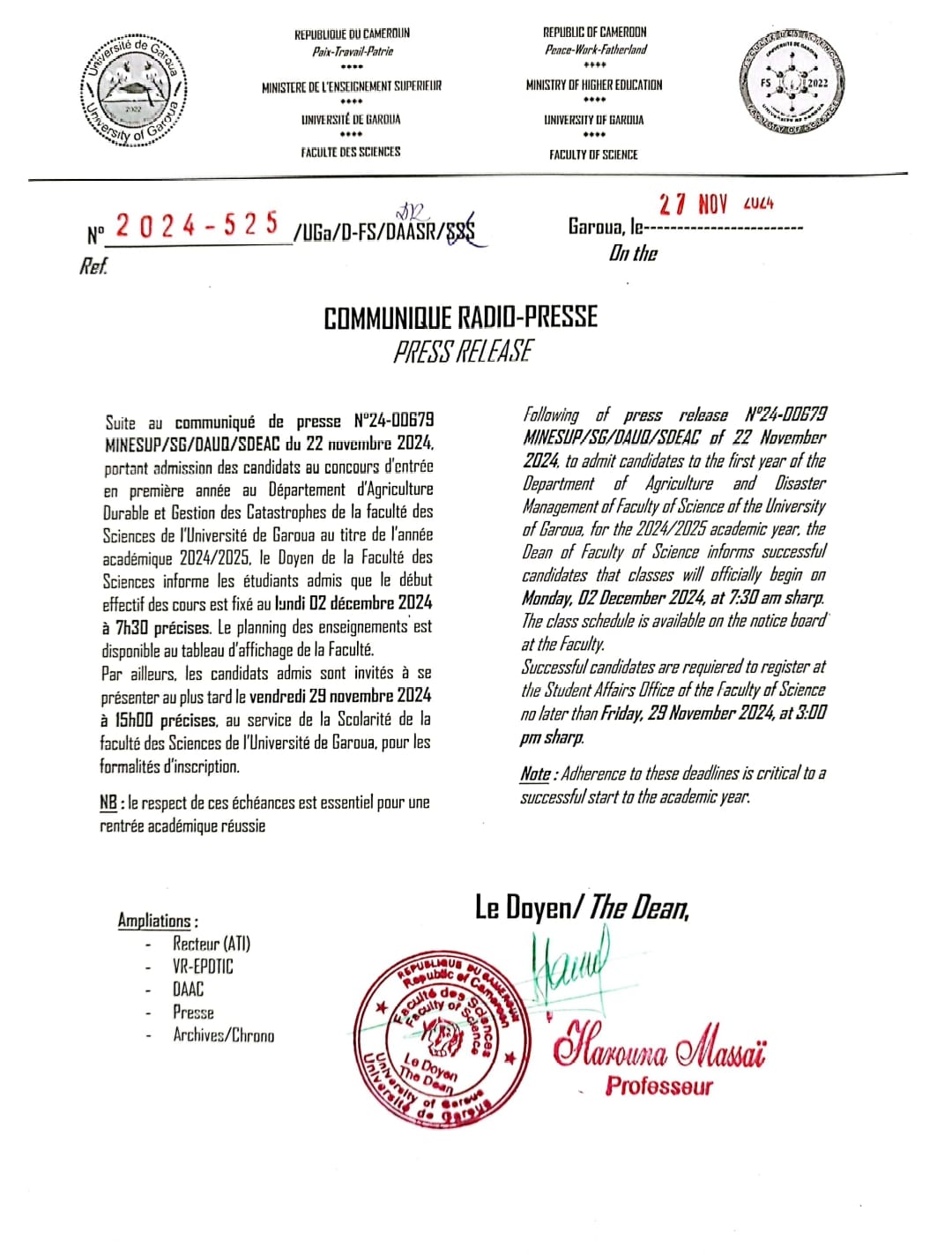 Communiqué début des cours des étudiants de la filière agriculture de la Faculté des Sciences